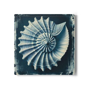 May include: Square ceramic tile featuring a detailed, stylized image of a nautilus shell in shades of blue and white. The shell's spiral form is prominent against a dark blue background with a distressed, aged appearance.
