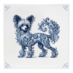 Perro crestado, perro, azulejo, azul de Delft, azulejo de cocina, azulejo de baño, arte de pared, cocina, perro chino, perros, azulejo azul de Delft, perro crestado chino
