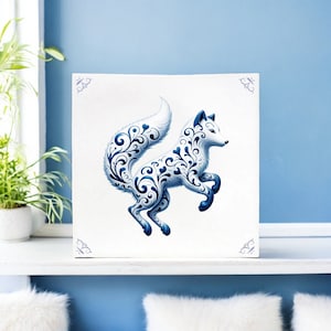 Fuchs, Fliese, Delfter Blau, Küchenfliese, Badezimmerfliese, Wandbild, Küche, Wohndeko, Polarfuchs, Delfter Blau Fliese, Polar, springender Fuchs, fuchsig, blau