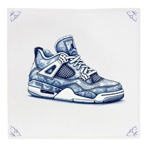 May include: A blue and white patterned sneaker with a white sole. The sneaker has a blue and white floral design.