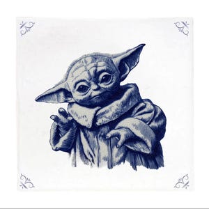 May include: A square, white tile featuring a blue illustration of a character with large ears and a robe, reminiscent of a popular science fiction franchise. The character is depicted with a raised hand, set against a white background with decorative corner accents.