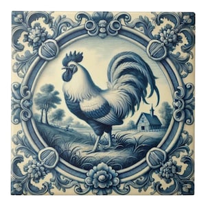 Gallo, azulejo de cerámica, azul de Delft, azulejo de cocina, azulejo de baño, cocina, azulejo azul de Delft, protector contra salpicaduras, azulejo para protector contra salpicaduras, decoración de gallo, granja