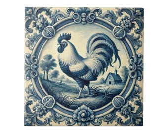 Gallo, azulejo de cerámica, azul de Delft, azulejo de cocina, azulejo de baño, cocina, azulejo azul de Delft, protector contra salpicaduras, azulejo para protector contra salpicaduras, decoración de gallo, granja