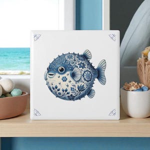 3.94" x 3.94", Puffer fish, Delft Blue, ceramic tile, Delft Blue tile, Backsplash, Kitchen decor, Vintage tile, Coastal decor, Fish decor