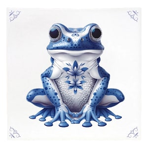 Puede incluir: Una rana azul y blanca con un diseño floral en su espalda. La rana está sentada sobre un fondo blanco.