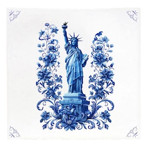 Statua della Libertà blu Delft, piastrelle blu Delft, piastrelle, blu Delft, Statua della Libertà, ceramica, New York, NY, parete della cucina, arte di New York, USA, olandese