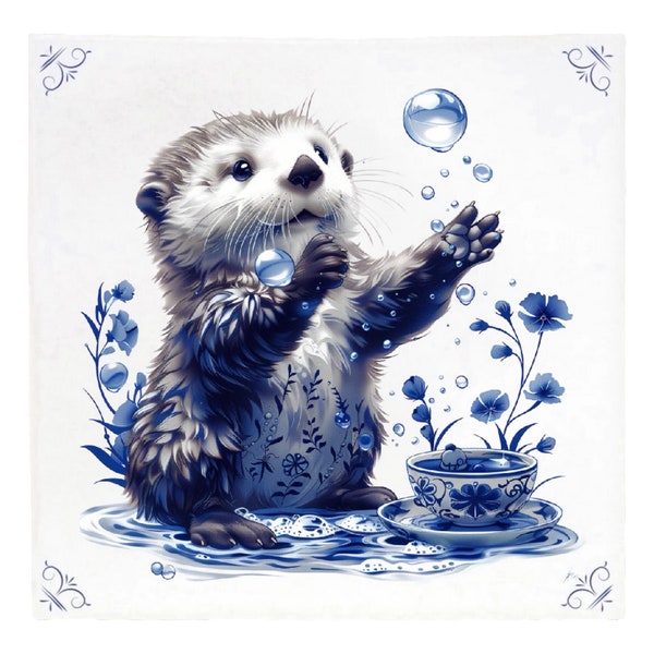 Otter, Sea Otter, tile, delft blue, delft blue tile, royal blue, animal, kitchen tile, kitchen wall, bathroom tile, gift for her, for friend