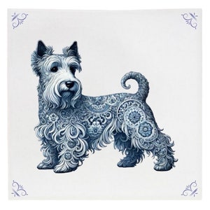 Puede incluir: Una ilustración de un perro terrier escocés, con un patrón blanco y azul. El perro está de pie sobre un fondo blanco.