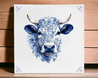 Cow tile, Delft Blue, Delft Blue tile, delft blue cow, Cow lover, Backsplash, backsplash tile, vintage tile, Cow design, ceramic cow, dutch