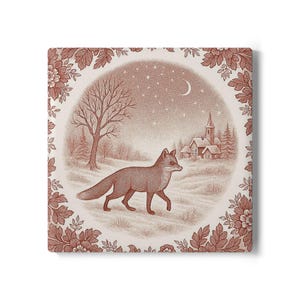 May include: A square, sepia-toned decorative tile featuring a winter scene with a fox. The image depicts a fox walking through a snowy landscape, with a church, trees, and a crescent moon. The border is decorated with floral and leaf patterns.
