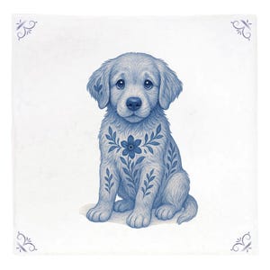 Puede incluir: Ilustración azul y blanca de un cachorro con tatuajes florales. El cachorro está sentado y mirando hacia adelante. La imagen tiene elementos decorativos en las esquinas.