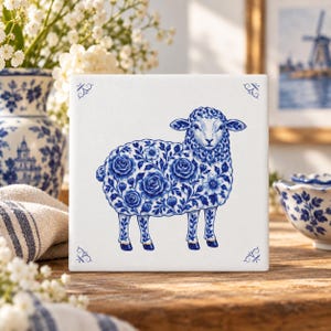 Sheep tile, Delft Blue tile, 3.94" x 3.94", Delft Blue, Backsplash, Sheep, Blue Sheep, Sheep lover gift, Sheep decor, ceramic tile, farmer