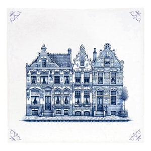 May include: A blue and white illustration of three traditional Dutch houses with decorative tilework. The houses have gabled roofs and are lined up in a row.