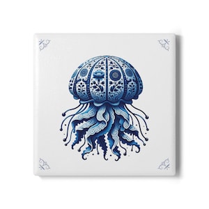 Jellyfish, Delft Blue, ceramic tile, Delft Blue tile, Backsplash, Kitchen decor, Bathroom decor, Vintage tile, Coastal decor, sealife gift,