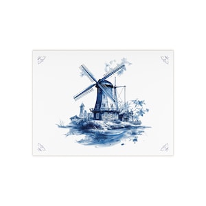 Molino de viento, azulejo azul de Delft, azulejo cerámico, 6&quot; x 8&quot;, azul de Delft, arte de la pared, decoración del baño, azulejo, decoración de la cocina, protector contra salpicaduras, molino de viento holandés