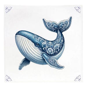 May include: A blue whale with white and blue floral patterns on its body. The whale is swimming with its tail in the air.