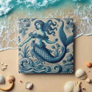 Sirena, 3,94" x 3,94", Delft Blue, piastrelle in ceramica, piastrelle Delft Blue, paraschizzi, piastrelle da cucina, decorazioni a forma di sirena, decorazioni costiere, decorazioni a forma di sirena