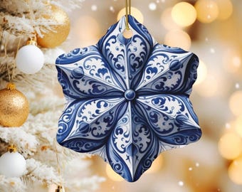 陶器のオーナメント、デルフトブルーのホリデーデコレーション