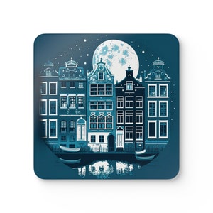 Canal Houses, Corkwood Coaster Set, Delft Blue, Amsterdam Canal Houses