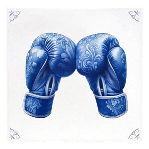 K&ouml;nnte beinhalten: Ein Paar blaue Boxhandschuhe mit einem wei&szlig;en Blumenmuster. Die Handschuhe stehen sich gegen&uuml;ber, bereit zum Kampf.