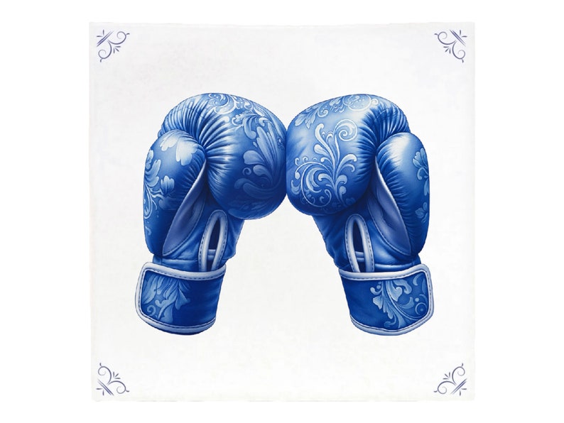 K&ouml;nnte beinhalten: Ein Paar blaue Boxhandschuhe mit einem wei&szlig;en Blumenmuster. Die Handschuhe stehen sich gegen&uuml;ber, bereit zum Kampf.