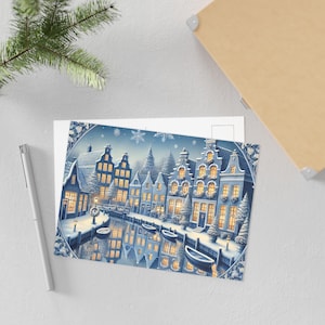 Delft Blue, Canal House, Cartolina, Cartoline artistiche del paese delle meraviglie invernali, Biglietti di auguri per le feste, Decorazioni natalizie, Stampe artistiche stagionali