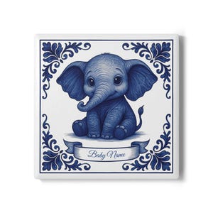 Elefant, 3.94&#39;&#39; x 3.94&#39;&#39;, Delft Blue, Delft Blue tile, Birth tile, Birth gift, Newborn gift, Personalized birth gift, Baby Name, Custom name