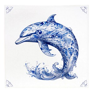 May include: A blue and white ceramic tile with a detailed illustration of a dolphin jumping out of the water. The dolphin is decorated with intricate floral patterns and swirls.