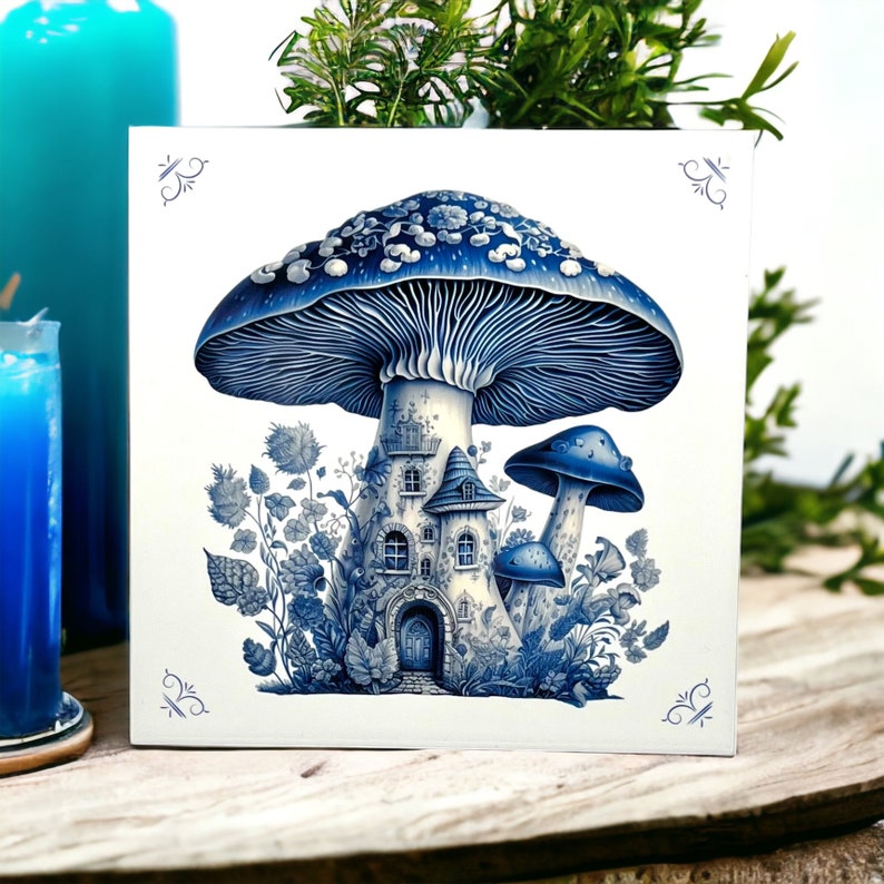 Mushroom, Delft Blue Ceramic Tile, Delft Blue Mushroom, Toadstool