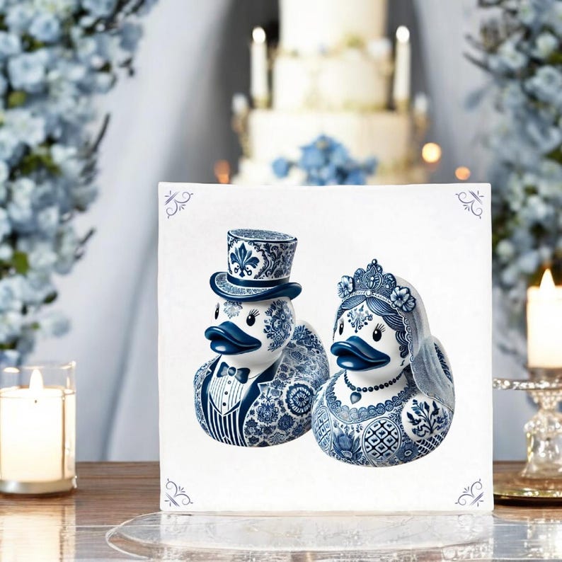 May include: A pair of blue and white ceramic duck figurines dressed as a bride and groom. The groom is wearing a top hat and bow tie, while the bride is wearing a crown and veil. The figurines are on a white background.