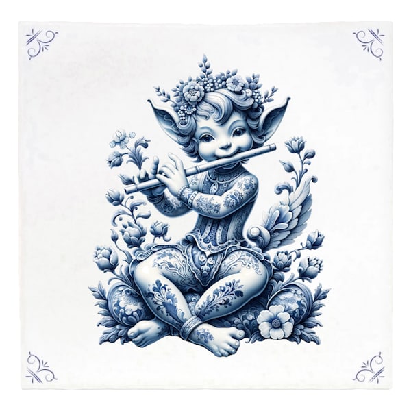 Elf, tile, delft blue, kitchen, bathroom, wall art, delft blue tile, blue ceramic, backsplash, delft blue, ceramic, flower, fairy, forest