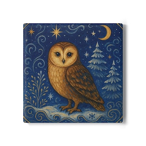 Könnte beinhalten: Quadratische Illustration einer braunen Eule mit großen Augen, vor einem dunkelblauen Hintergrund mit Sternen, einem Halbmond und stilisierten Tannenbäumen. Die Eule sitzt auf schneebedecktem Boden.