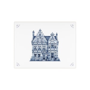 May include: A blue and white illustration of a traditional Dutch house with a decorative facade and multiple windows.