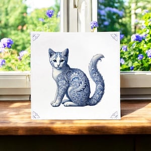 Cat, delft blue, Ceramic tile, kitchen tile, bathroom tile, backsplash, kitchen, delft blue tile, blue ceramic, cat decor, cat gift, vintage