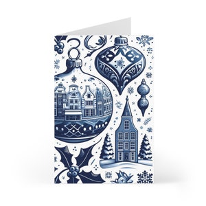 Biglietti d'auguri (7 pezzi), Case sul canale, Natale, Biglietto per appunti, Carte, Blu Delft, Biglietti per appunti, cancelleria, design olandese, Amsterdam, decorazioni natalizie