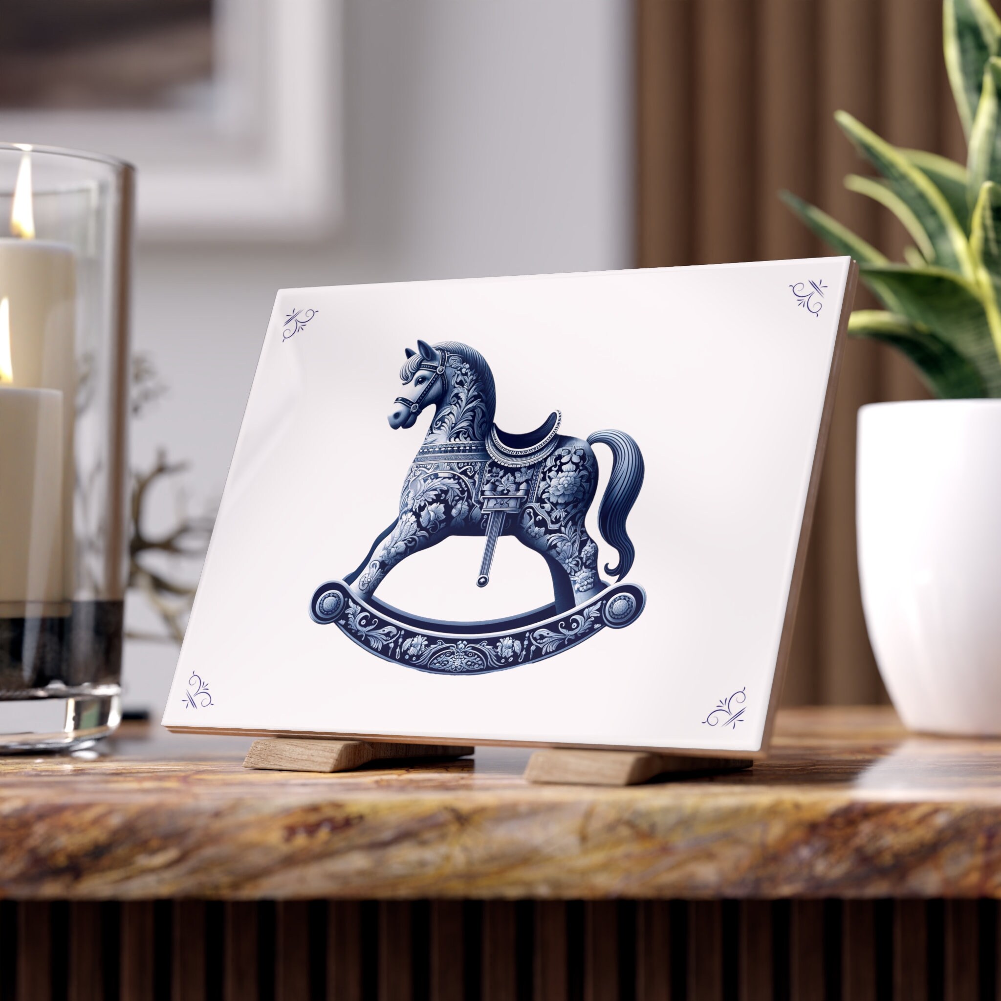 ロッキングホース、セラミックタイル、6インチ x 8インチ、デルフト