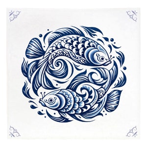 Fisk, Fiskarna, Delftblått, Delftblått, kakel, zodiak, horoskop, delftblått kakel, keramik, kungligt blått, kökskakel, stjärntecken, havsliv