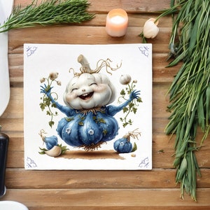 Ajo, azulejo, azul de Delft, hierbas, hierbas de cocina, azulejo de cocina, azulejo de baño, protector contra salpicaduras, cocinar, cocina, azul, para cocinar, día de la madre