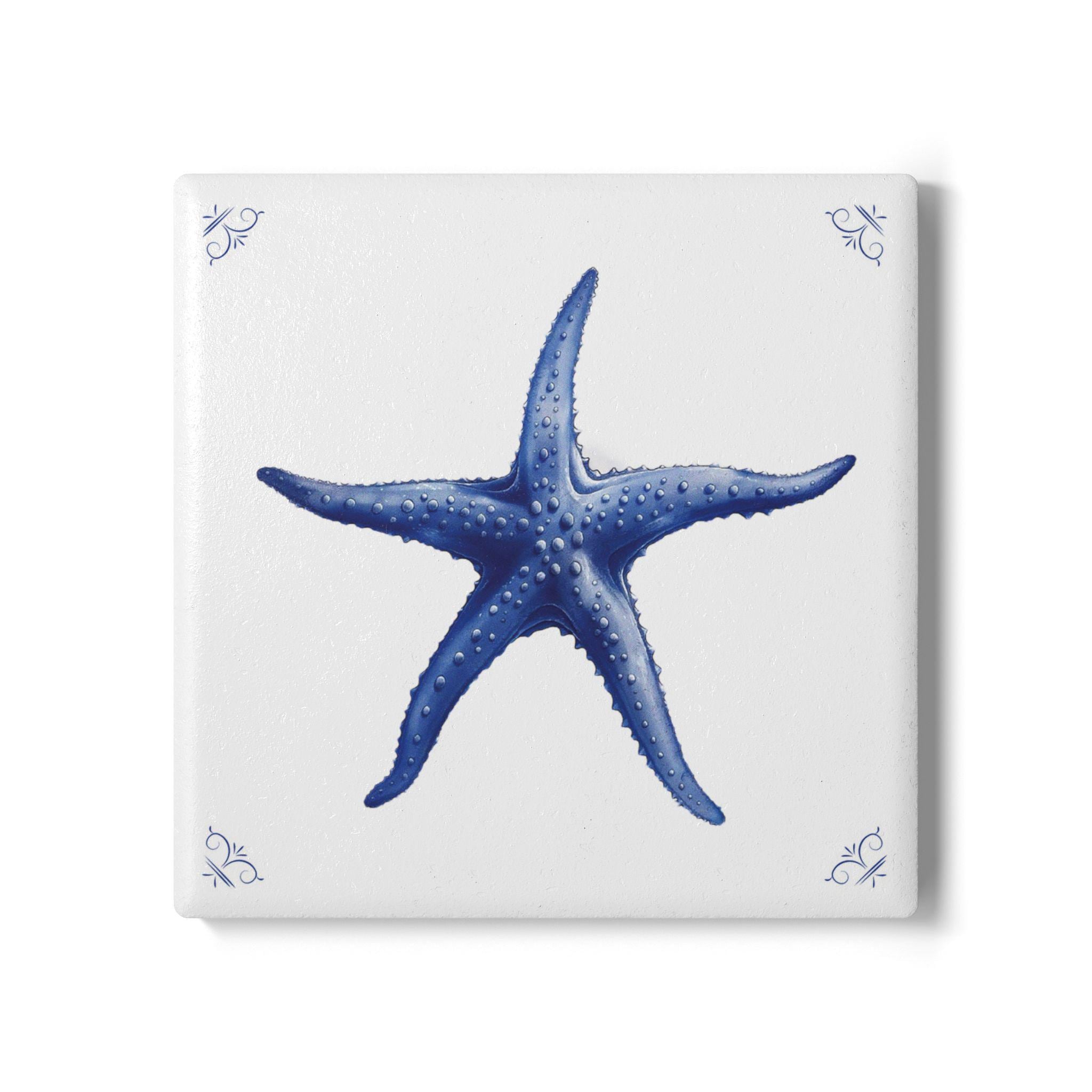 3.94" X 3.94", Starfish, Delft Blue, Ceramic Tile, Blue Backsplash, Kitchen Decor, Bathroom Coastal Starfish Decor