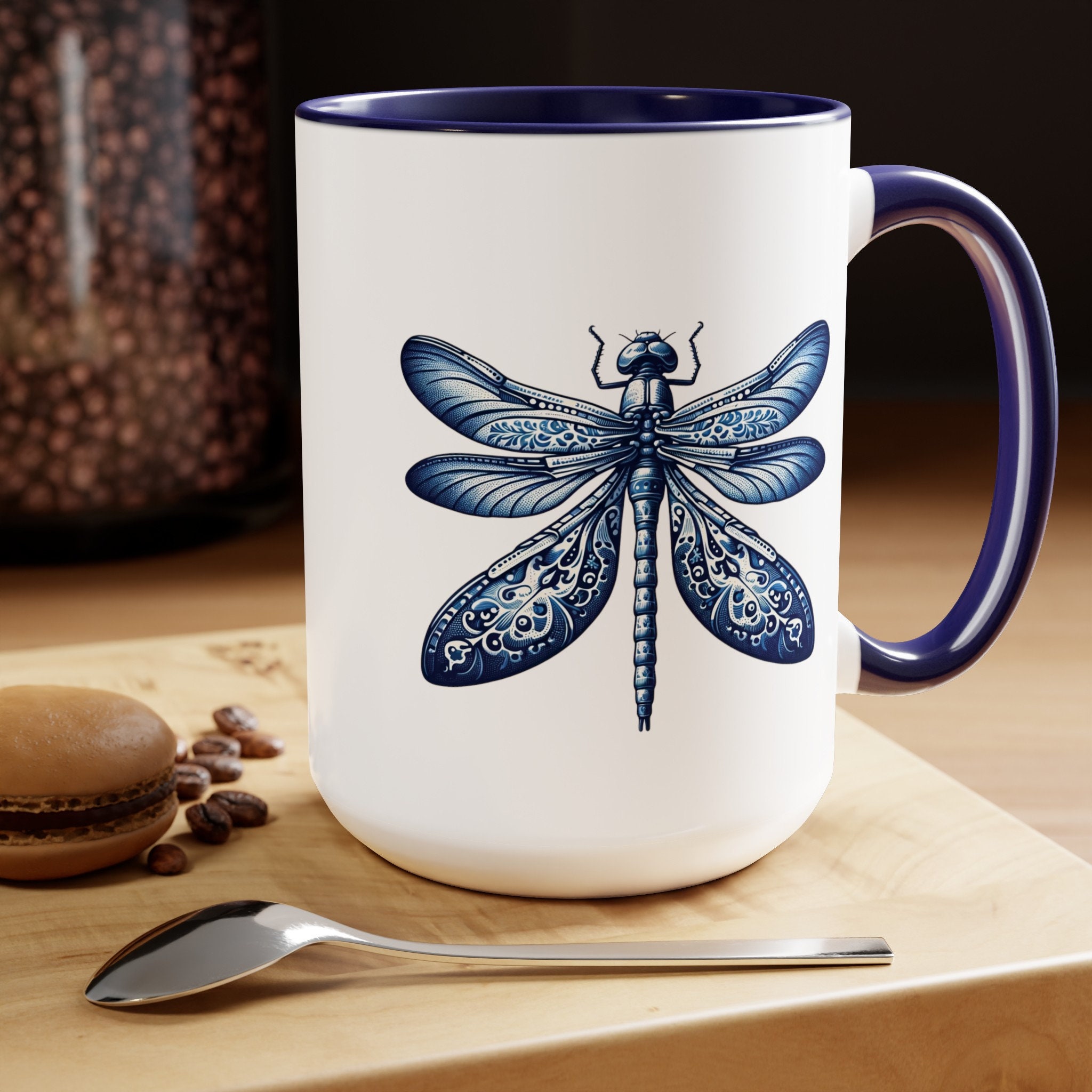 Dragonfly, Two-Tone Coffee Mug, 15oz, Delft Blue, Coffee, Tea, Blue, Ceramic, coffee cup, coffee mug, delft blue ceramic, mug, insect, mom