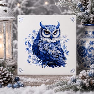 Delfter Blau, Delfter Blau Keramikfliesen, Delfter Blau Eule, Eule, Eulenfliesen, Waldeule, blaue Eule, Eulen, Eulendeko, Halloween-Eule