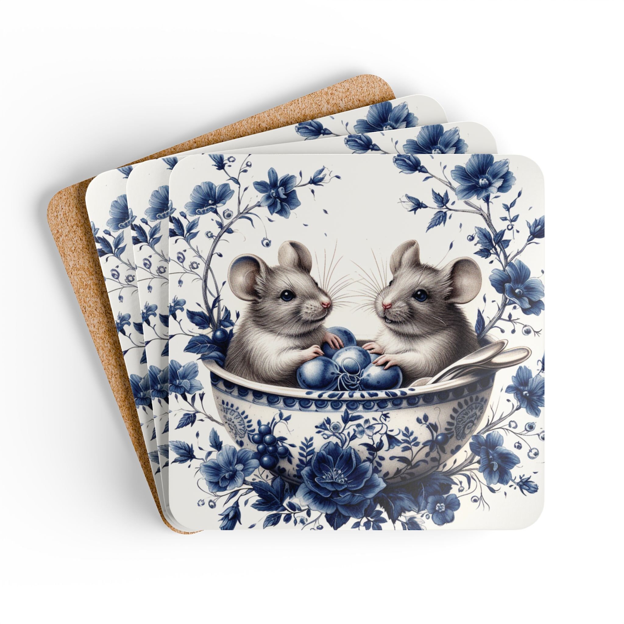 Mice, Corkwood Coaster Set, Delft Blue, Delft Blue design, mouse, gift for cook, blue and white decor, mice home decor,