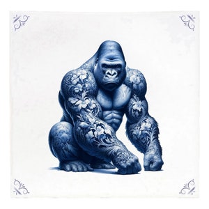 May include: A blue and white illustration of a gorilla with intricate floral tattoos on its arms and chest. The gorilla is sitting on a white background.