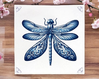Dragonfly, tile, delft blue, kitchen tile, bathroom tile, wall art, kitchen, delft blue tile, blue ceramic, backsplash, insect, blue, garden