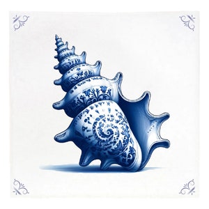 May include: A blue and white seashell with a detailed floral pattern. The shell is spiraled and has a large opening.