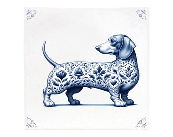 Könnte beinhalten: Blaue und weiße dekorative Fliese mit einem Dackel. Der Körper des Hundes ist mit aufwendigen floralen Mustern verziert. Die Fliese hat einen weißen Hintergrund mit blauen Eckdesigns.