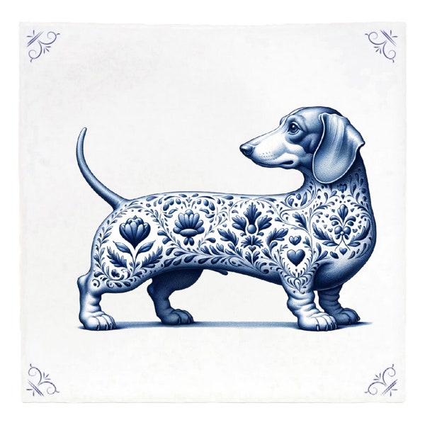 Dachshund, tile, delft blue, Dog, kitchen tile, bathroom tile, wall art, blue ceramic, backsplash, teckel, Dog lover, gift for her, dogs