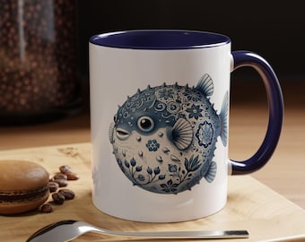 Puffer Fish, Delft Blue, Ceramic Mug, Whale Design, Marine Lover Gift, Dutch Delft Blue Mug, Coastal Decor, Coffee Mug, Marine decor, Fish