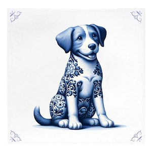 Puede incluir: Un azulejo de cerámica azul y blanco con un perro con un patrón floral. El perro está sentado con la cabeza inclinada hacia arriba y la cola enroscada alrededor de sus patas.