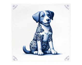 Könnte beinhalten: Eine blaue und weiße Keramikfliese mit einem Hund mit Blumenmuster. Der Hund sitzt mit dem Kopf nach oben geneigt und dem Schwanz um die Beine gewickelt.